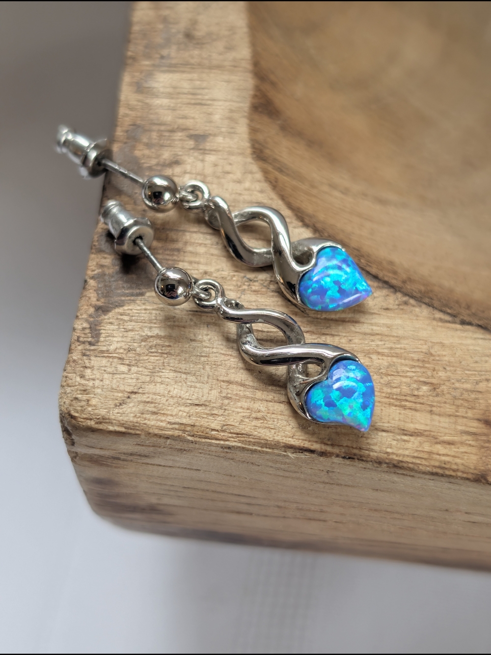 Lab Blue Fire Opal Heart Drop Earrings